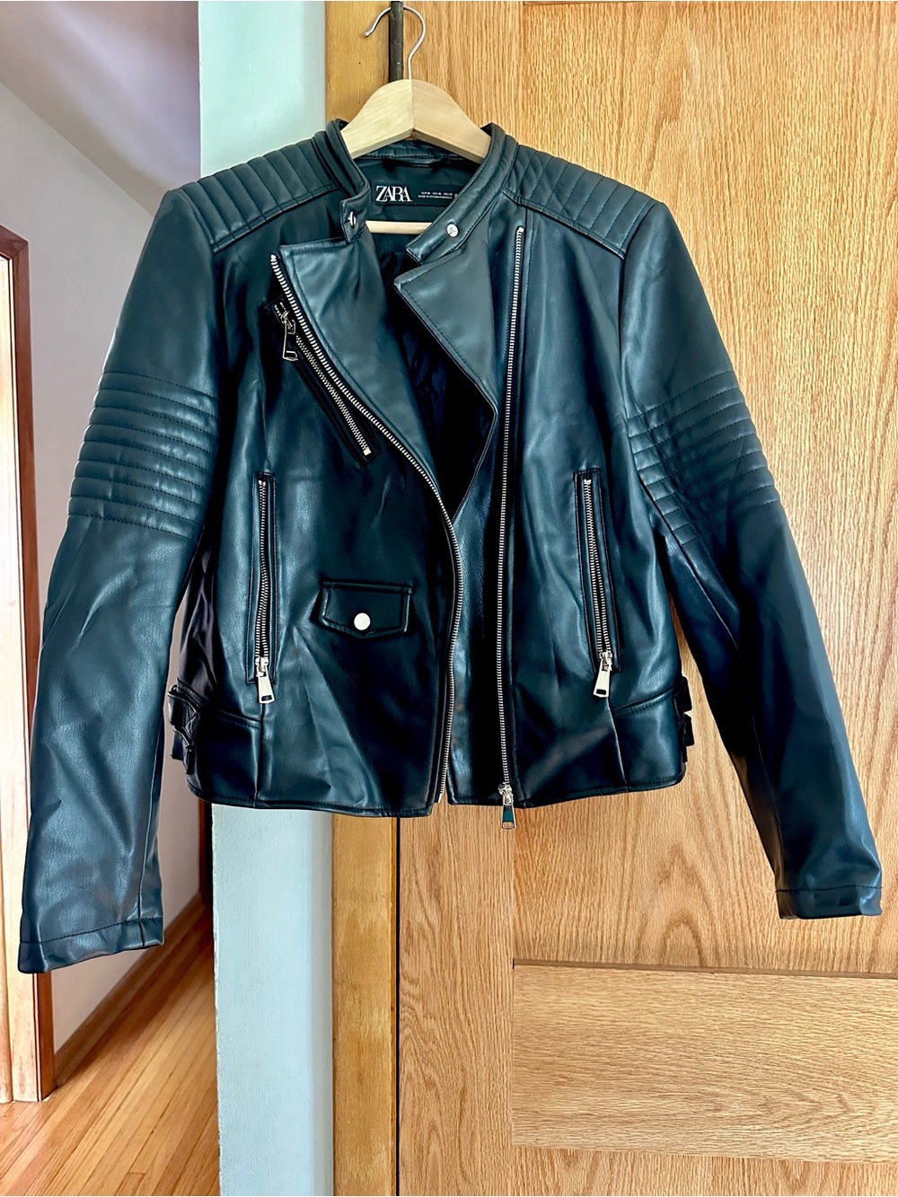 Zara Black Quilted Faux Leather Biker Jacket with Silver Zippers